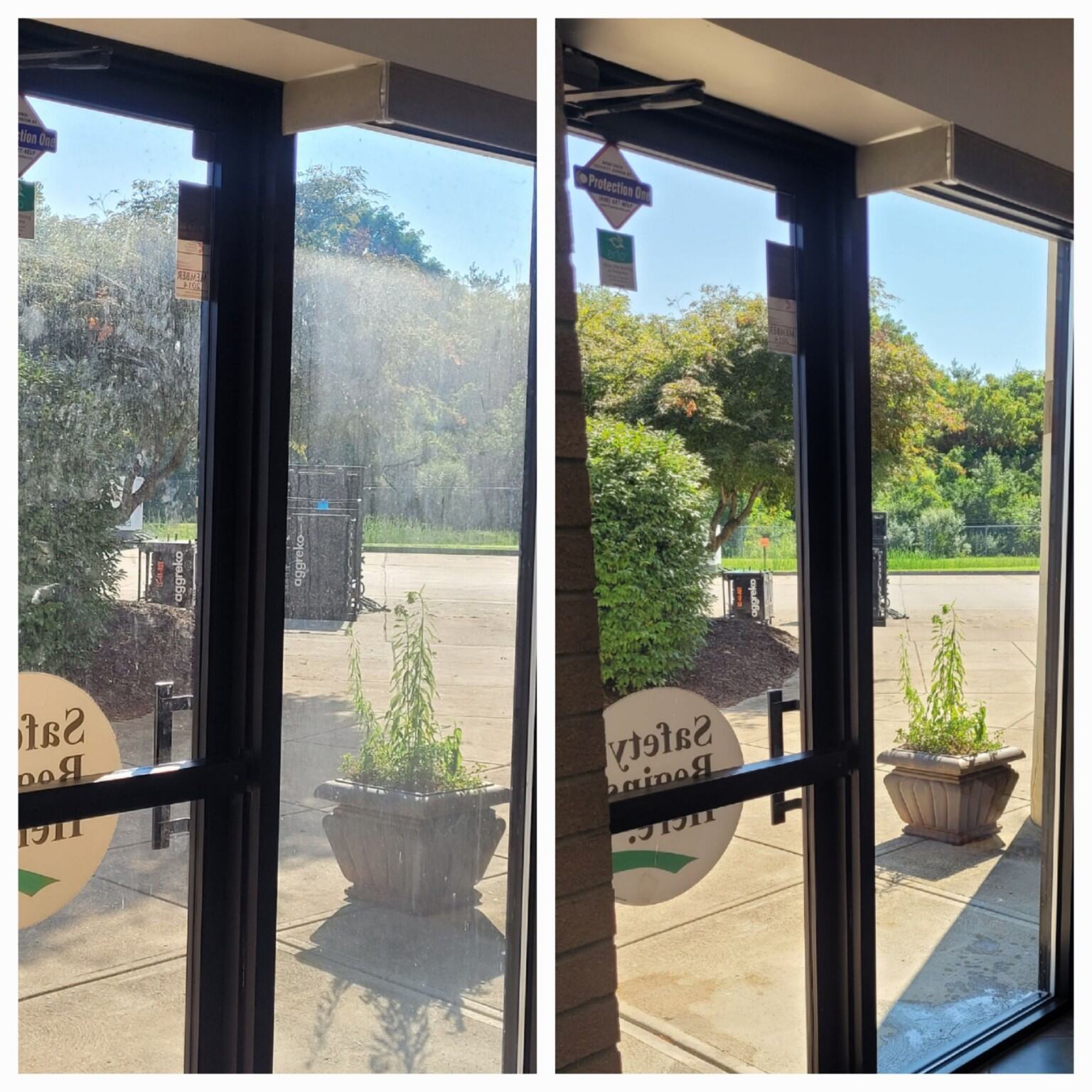 Retail storefront window cleaning results Before and after commercial storefront window cleaning
